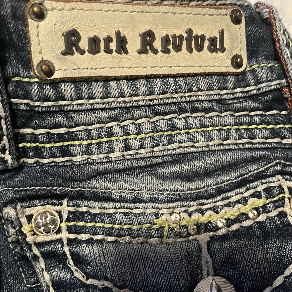 Y2K Rock Revival Micro Mini Denim Shorts Sz 24 Scarlett Embellished Thick Stitch - Picture 10 of 13